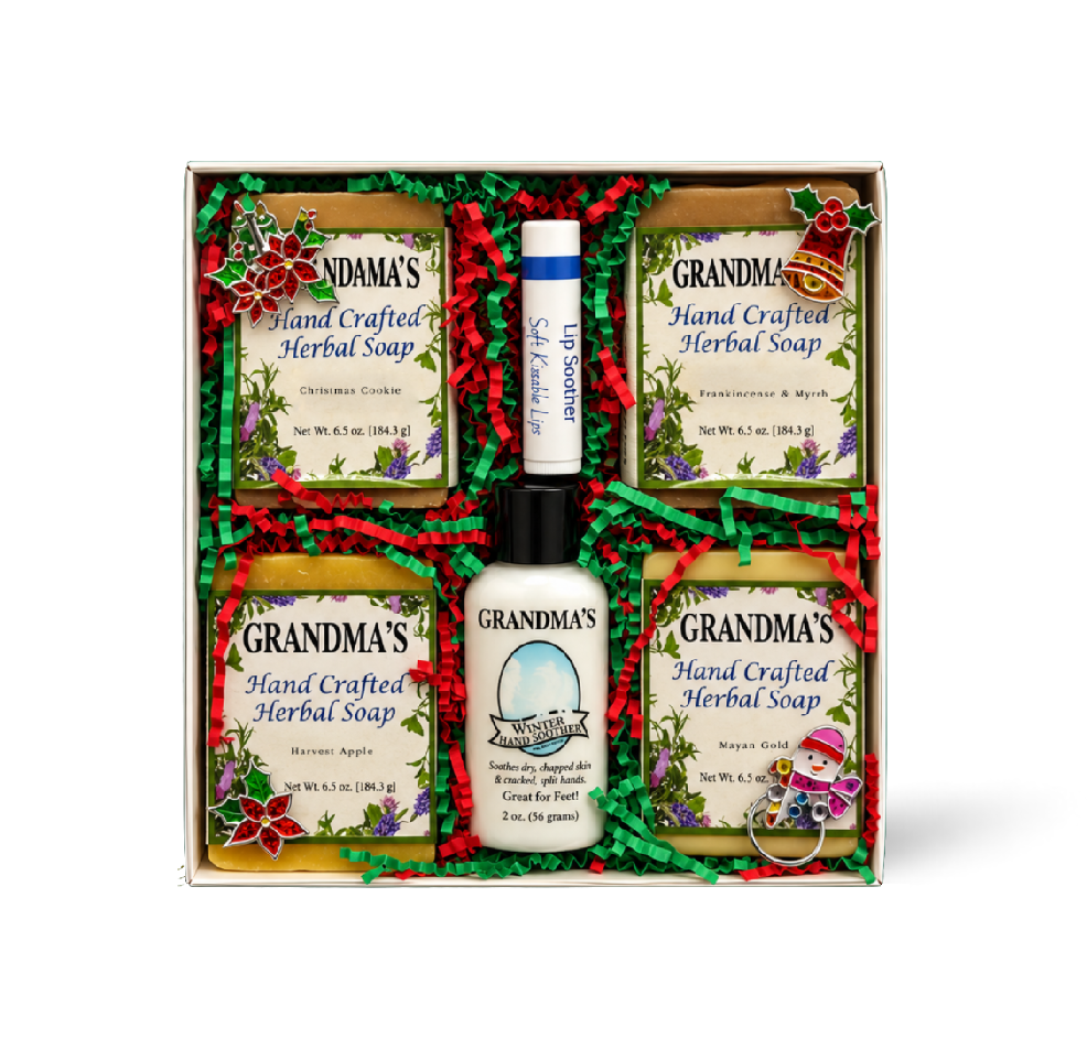 Grandma's Lye Soap Christmas gift set with four herbal soaps, lotion, and lip soother